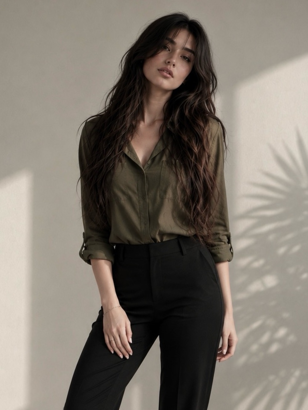 Doll’s Office Olive Green V-Neck Button Business Casual Blouse- in Women’s Cloth